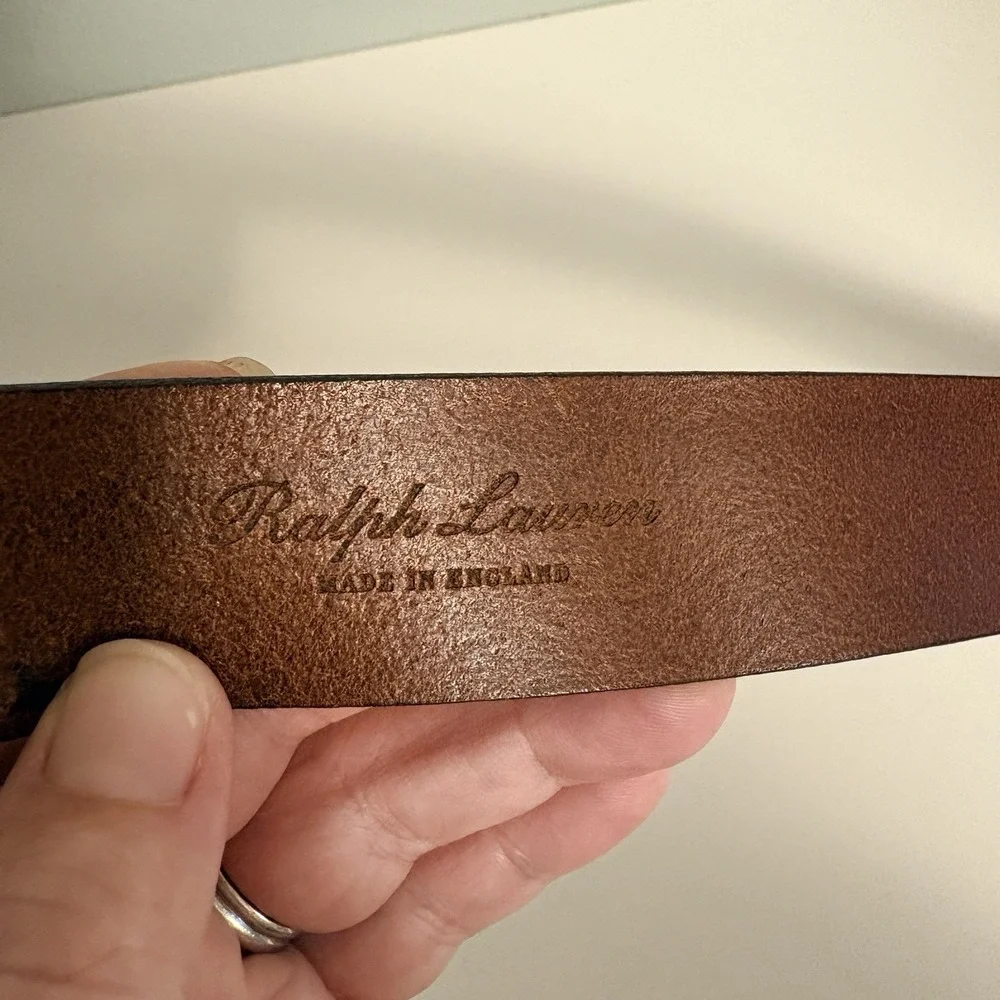 Vintage Ralph Lauren RL Plaque Buckle Leather Belt Made in England 90s Brown XS